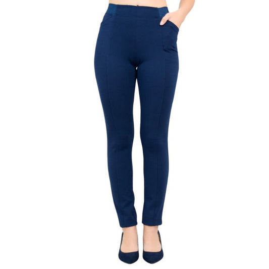 female model weaing indigo blue petite nadia pants front view on white background
