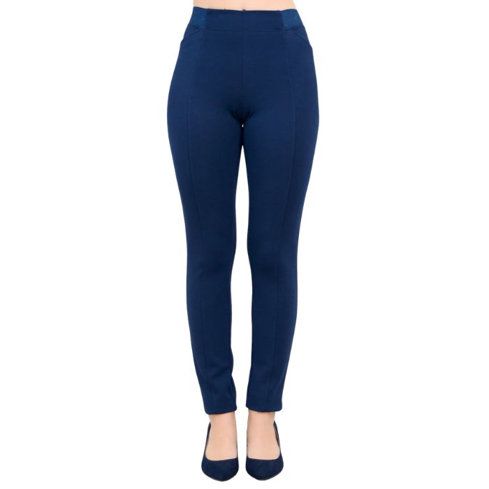 female model weaing indigo blue petite nadia pants front view on white background