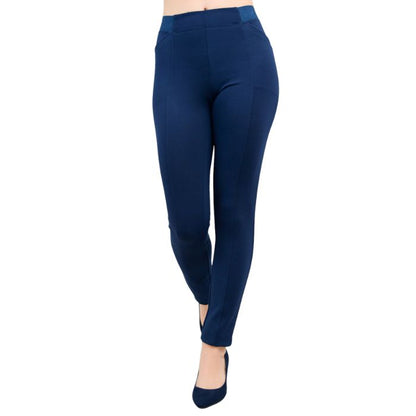 female model weaing indigo blue petite nadia pants front view on white background