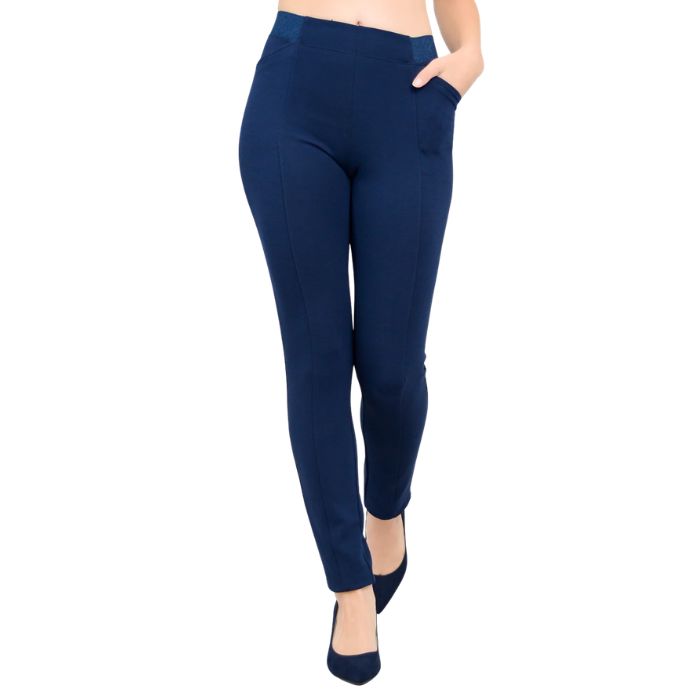 female model weaing indigo blue petite nadia pants front view on white background