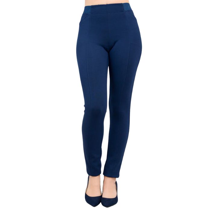 female model weaing indigo blue petite nadia pants front view on white background