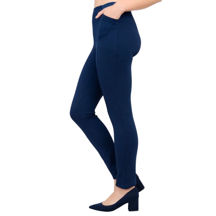 female model weaing indigo blue petite nadia pants side view on white background