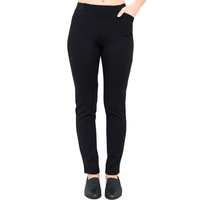 female model weaing black tall nadia pants front view on white background