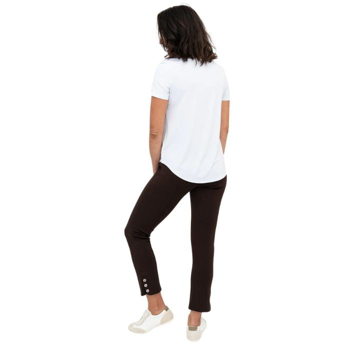 female model wearing coffee brown nadine cropped pants and white tessa tee back view on white background