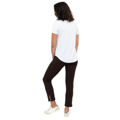 female model wearing coffee brown nadine cropped pants and white tessa tee back view on white background
