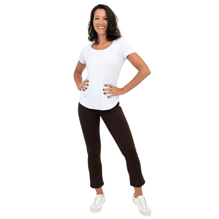 female model wearing coffee brown nadine cropped pants and white tessa tee front view on white background