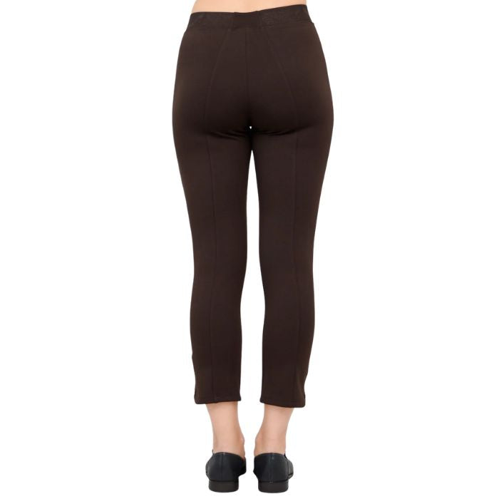 female model wearing coffee brown nadine cropped pantsback view on white background