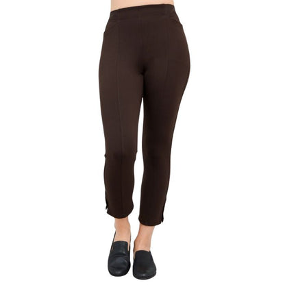 female model wearing coffee brown nadine cropped pants front view on white background