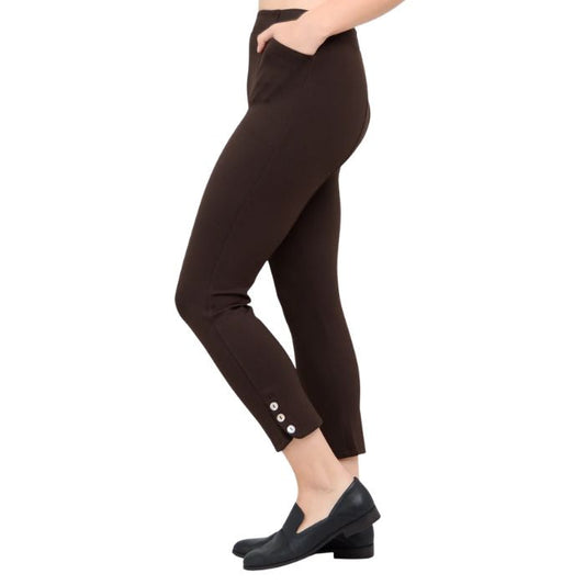 female model wearing coffee brown nadine cropped pants side view on white background