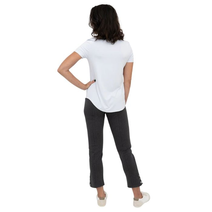 female model wearing granite grey nadine cropped pants and white tessa tee back view on white background