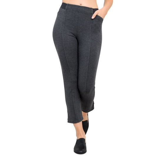 female model wearing granite grey nadine cropped pants front view on white background