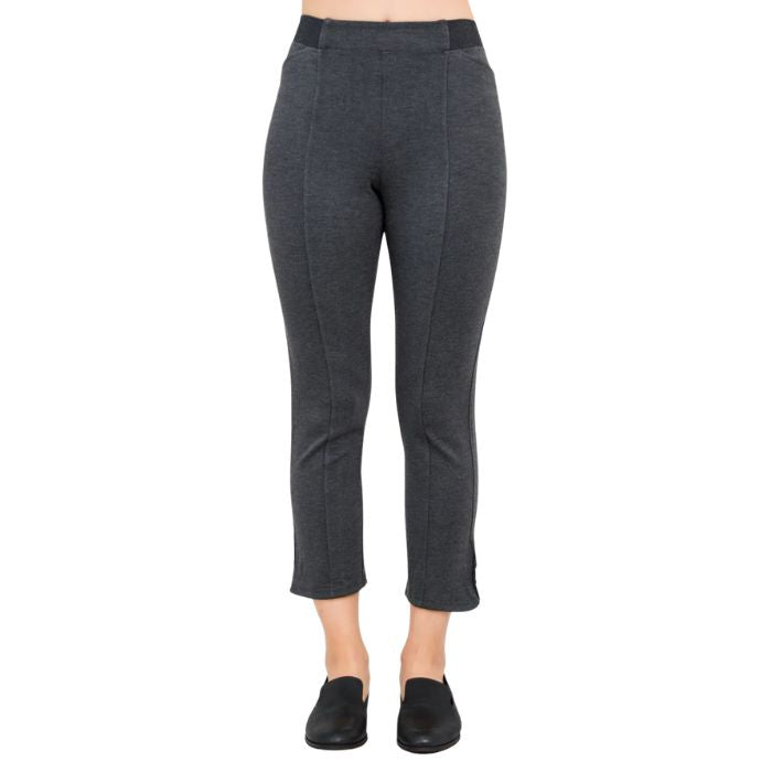 female model wearing granite grey nadine cropped pants front view on white background