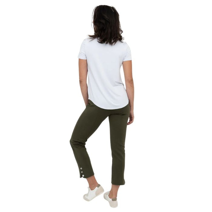 female model wearing khaki green nadine cropped pants and white tessa tee back view on white background