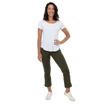 female model wearing khaki green nadine cropped pants and white tessa tee front view on white background