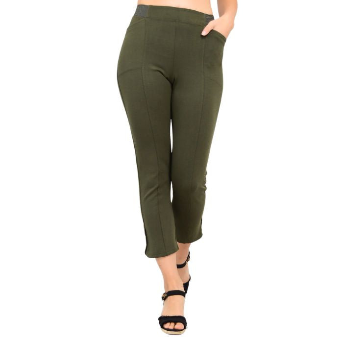 female model wearing khaki green nadine cropped pants front view on white background