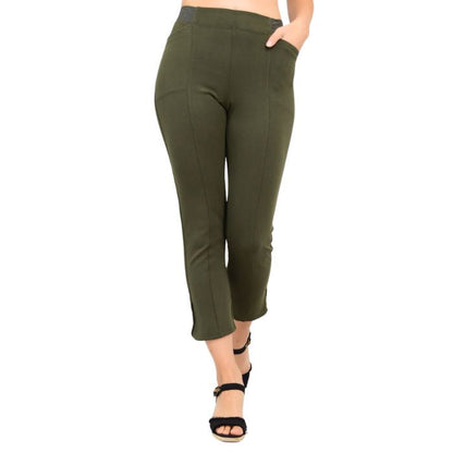 female model wearing khaki green nadine cropped pants front view on white background