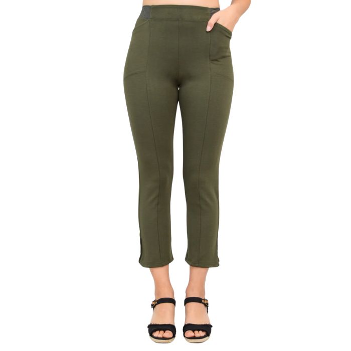 female model wearing khaki green nadine cropped pants front view on white background
