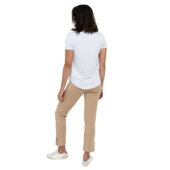 female model wearing beige brown nadine cropped pants and white tessa tee back view on white background