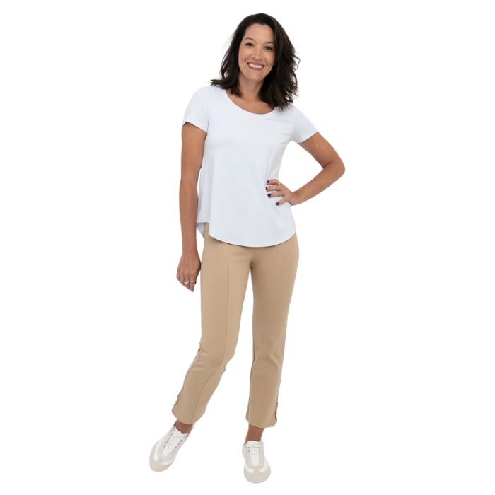 female model wearing beige brown nadine cropped pants and white tessa tee front view on white background