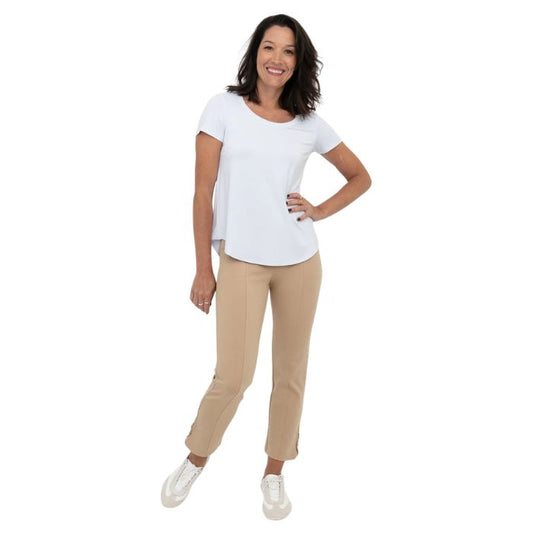 female model wearing beige brown nadine cropped pants and white tessa tee front view on white background