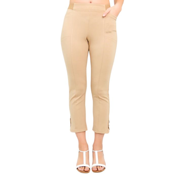 female model wearing beige brown nadine cropped pants front view on white background