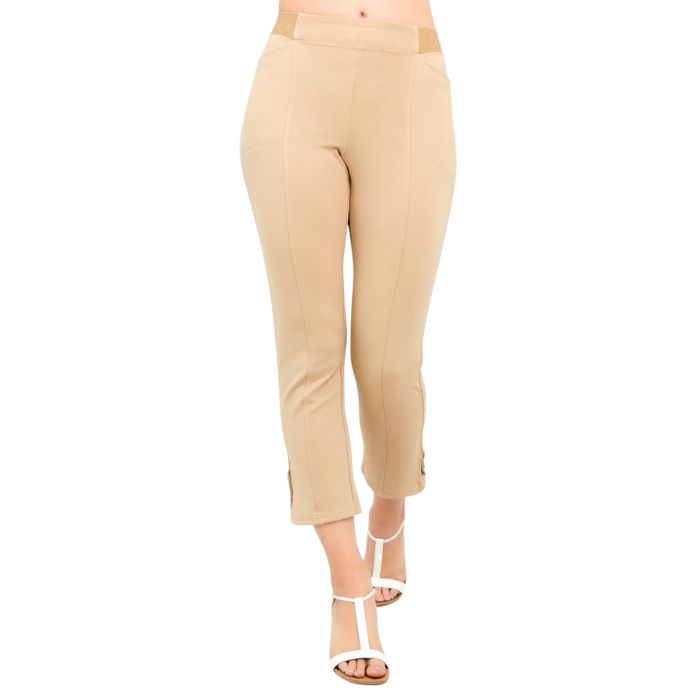 female model wearing beige brown nadine cropped pants front view on white background