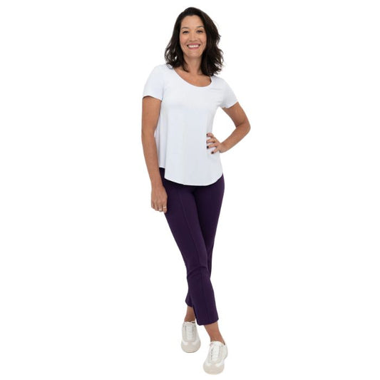 female model wearing royale purple nadine cropped pants and white tessa tee front view on white background