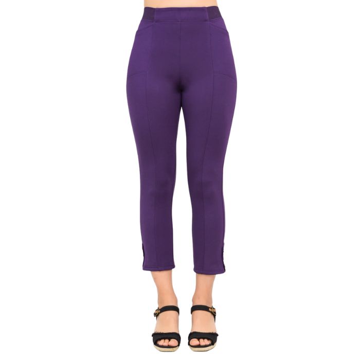 female model wearing royale purple nadine cropped pants front view on white background