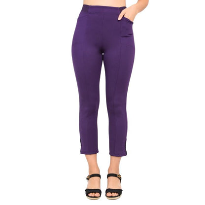 female model wearing royale purple nadine cropped pants front view on white background