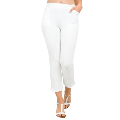 female model wearing white nadine cropped pants front view on white background