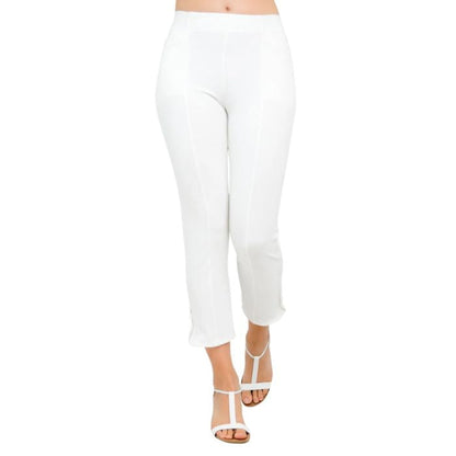 female model wearing white nadine cropped pants front view on white background