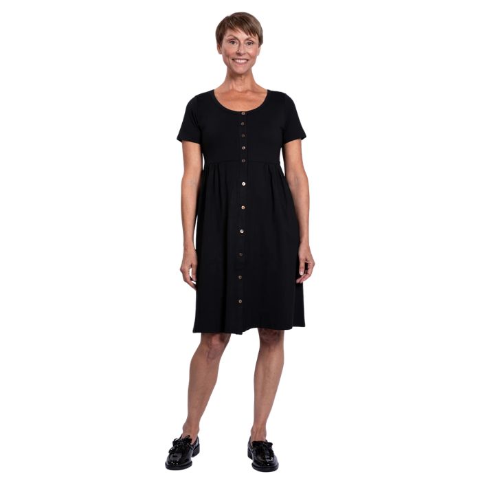 female model wearing black nelly dress front view on white background