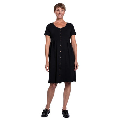 female model wearing black nelly dress front view on white background