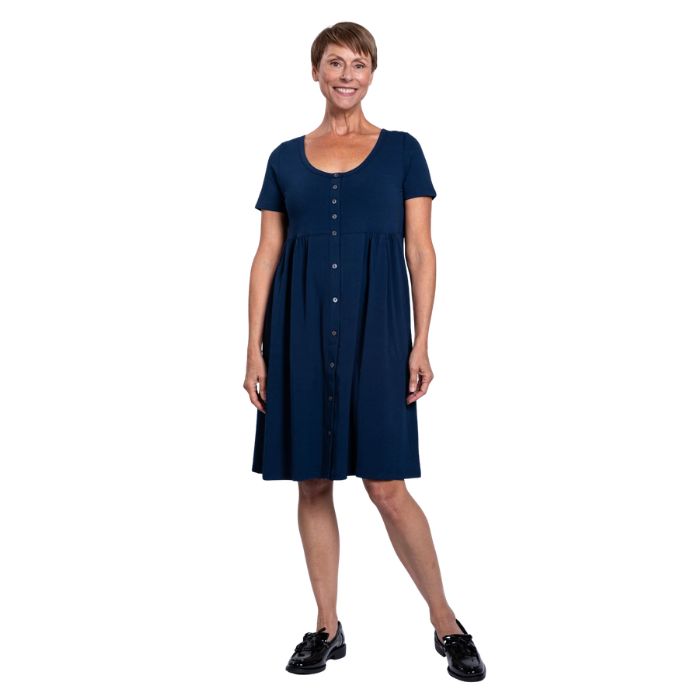 female model wearing indigo blue nelly dress front view on white background