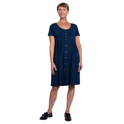 female model wearing indigo blue nelly dress front view on white background