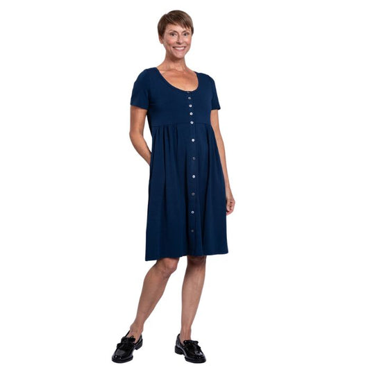 female model wearing indigo blue nelly dress front view on white background