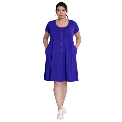 female model wearing violet purple nelly dress front view on white background