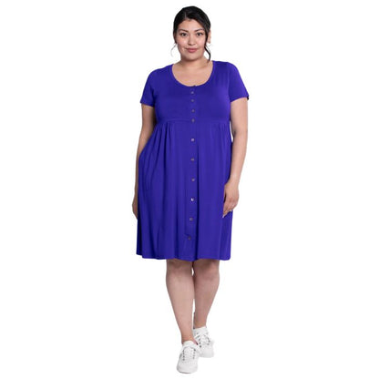 female model wearing violet purple nelly dress front view on white background