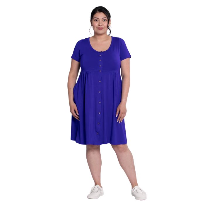 female model wearing violet purple nelly dress front view on white background