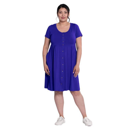 female model wearing violet purple nelly dress front view on white background