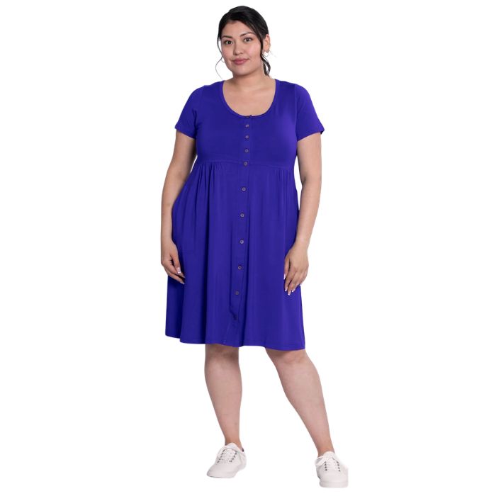 female model wearing violet purple nelly dress front view on white background