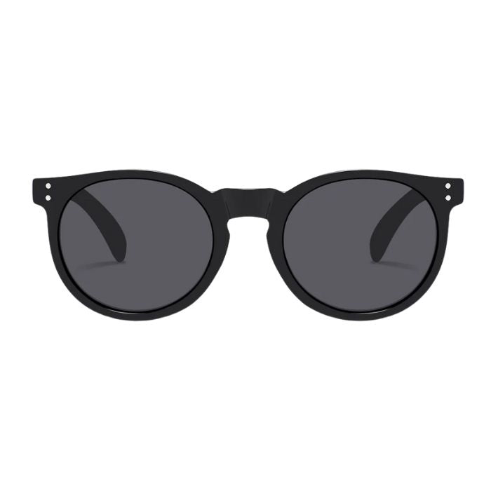 new zealand sunglasses black frames and black lenses front view on white background