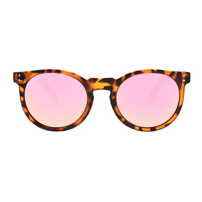 new zealand sunglasses tortoise frames and rose glod lenses front view on white background