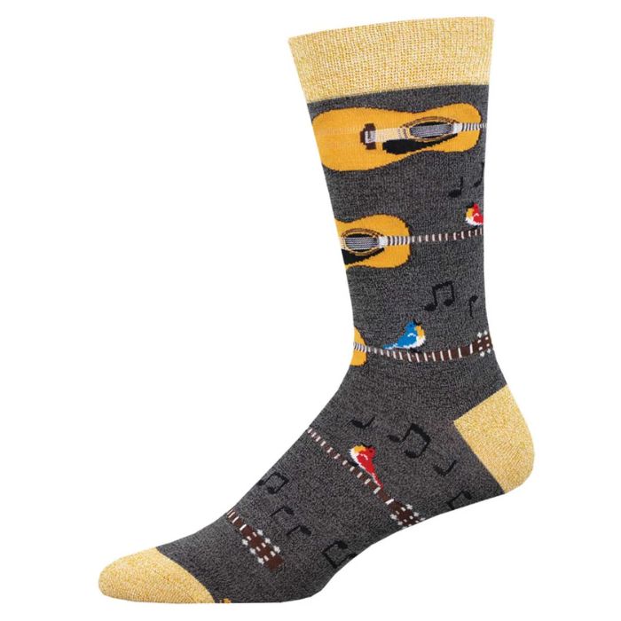 Nice acoustics sock charcoal grey sock with guitar and music note print on white background