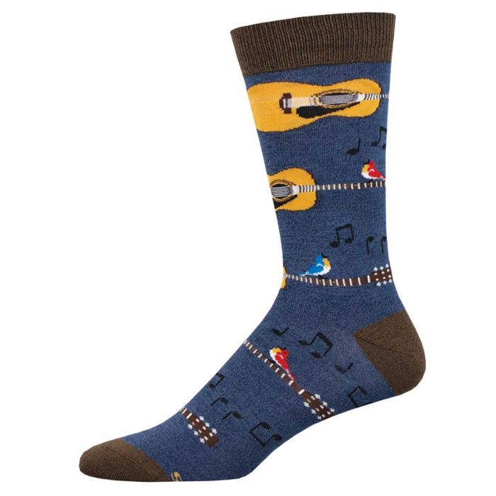 Nice acoustics sock charcoal grey sock with guitar and music note print on white background