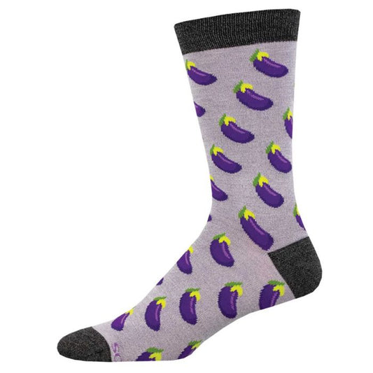 nightshade sock, grey crew sock with purple egg plant print on ahite background