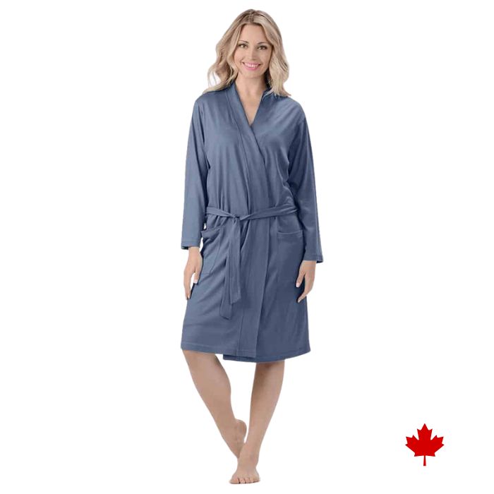 female model wearing blue noreen bath robe front view on white background