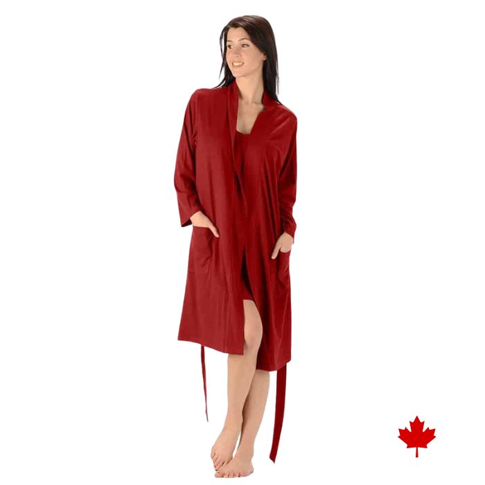 female model wearing burgundy red noreen bath robe front view on white background