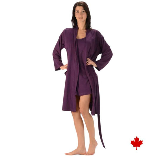 female model wearing plum purple noreen bath robe front view on white background