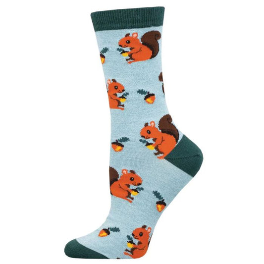 Nuts for squirrels sock blue sock with squirrel and acorn print on white background